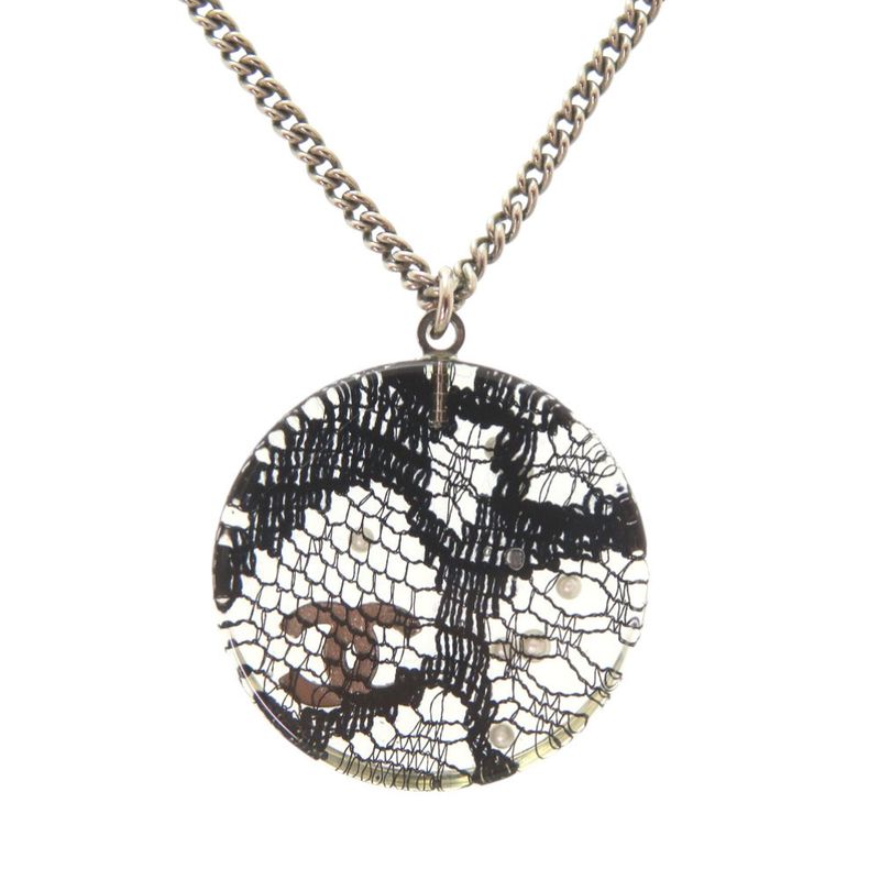 Chanel CC Logo Lace Faux Pearl Stone Resin Necklace Silver Black
