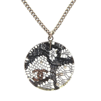 Chanel CC Logo Lace Faux Pearl Stone Resin Necklace Silver Black