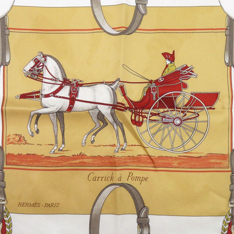 Hermes Carre 70 Flying Carre Carrick a Pompe White Brown Red Scarf