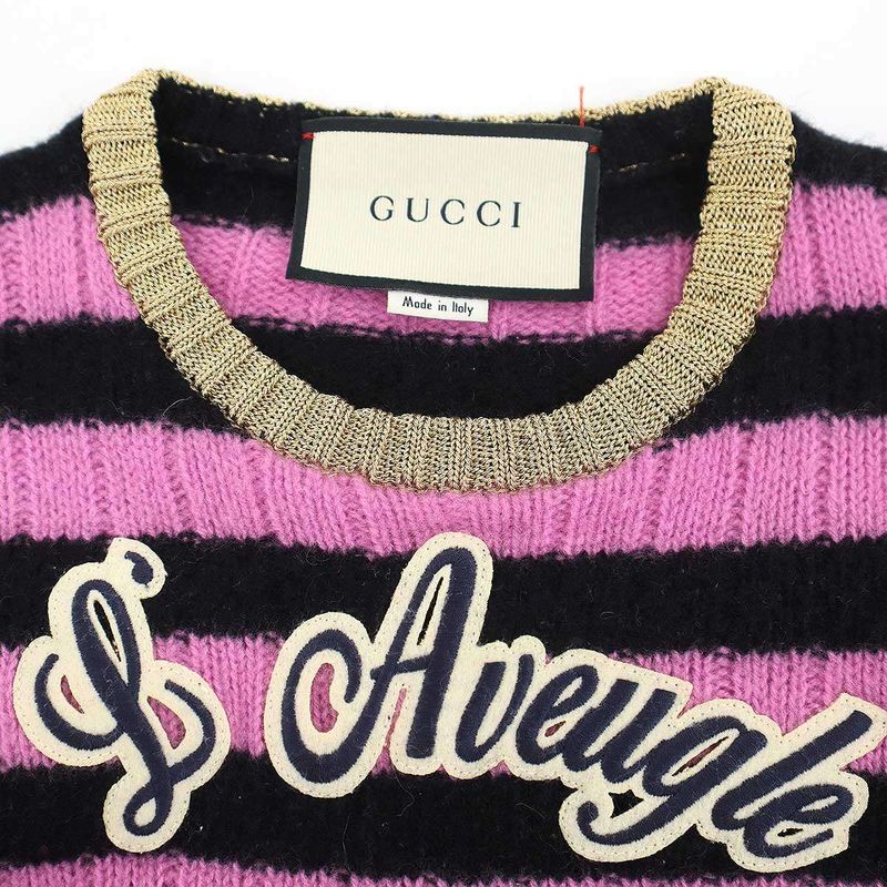 Gucci Cat Border Wool Cashmere Knit Sweater Pink Black XS