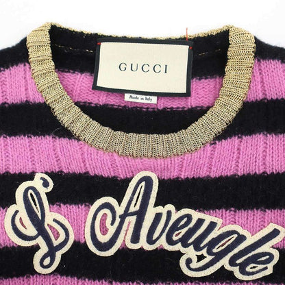 Gucci Cat Border Wool Cashmere Knit Sweater Pink Black XS