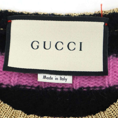 Gucci Cat Border Wool Cashmere Knit Sweater Pink Black XS