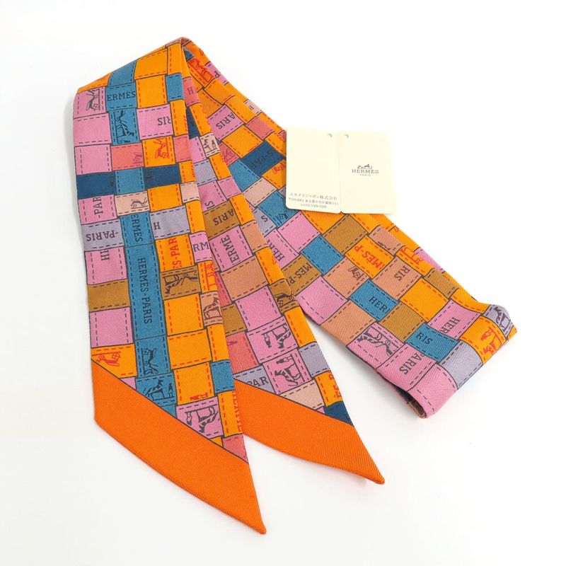Hermes Twilly Bolduc Check Silk Orange Multicolor Scarf