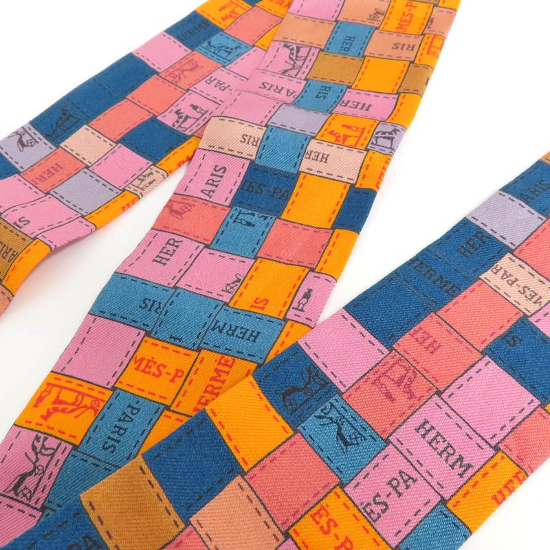Hermes Twilly Bolduc Check Silk Orange Multicolor Scarf