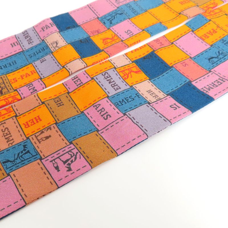 Hermes Twilly Bolduc Check Silk Orange Multicolor Scarf
