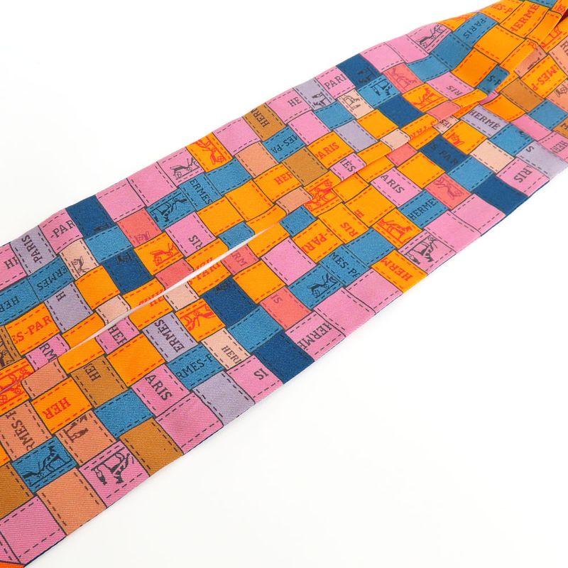 Hermes Twilly Bolduc Check Silk Orange Multicolor Scarf