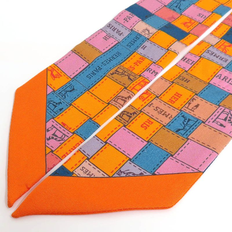 Hermes Twilly Bolduc Check Silk Orange Multicolor Scarf