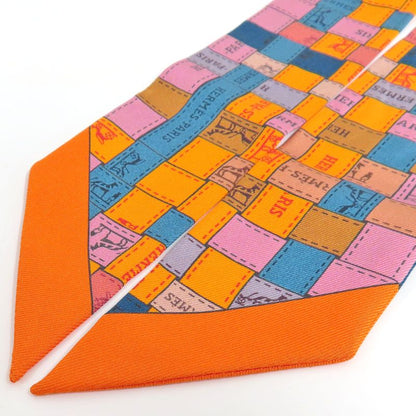 Hermes Twilly Bolduc Check Silk Orange Multicolor Scarf