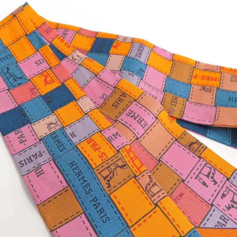 Hermes Twilly Bolduc Check Silk Orange Multicolor Scarf