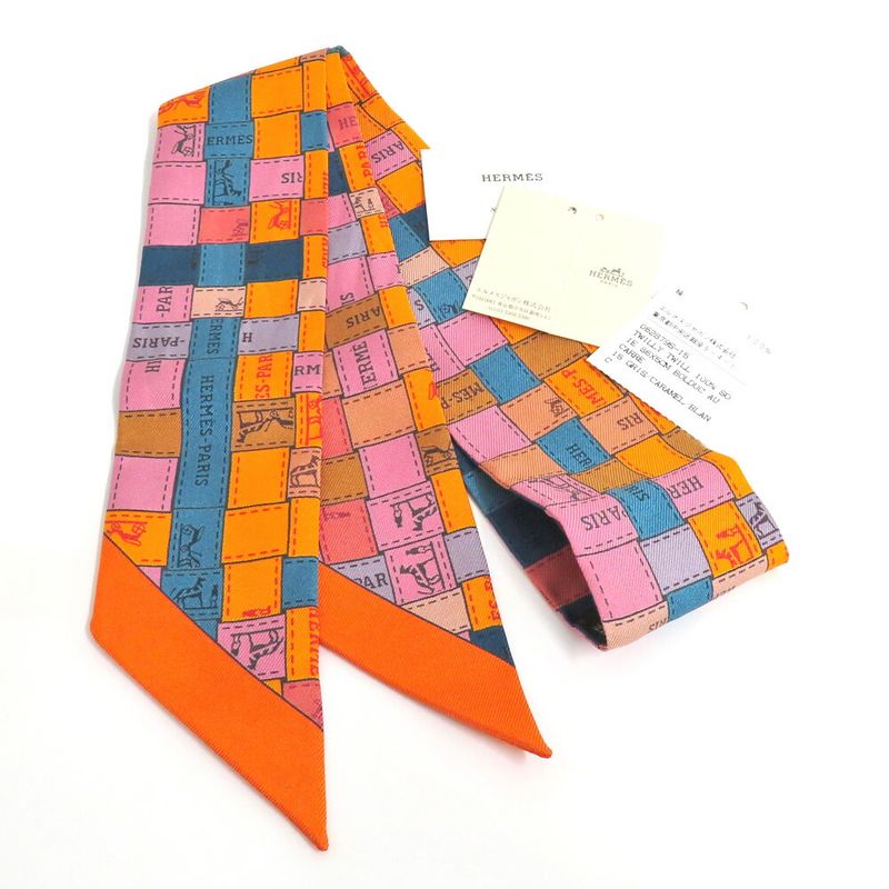 Hermes Twilly Bolduc Check Silk Orange Multicolor Scarf