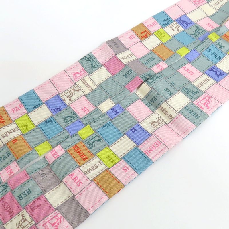 Hermes Twilly Bolduc Check Silk Gray Multicolor Pastel