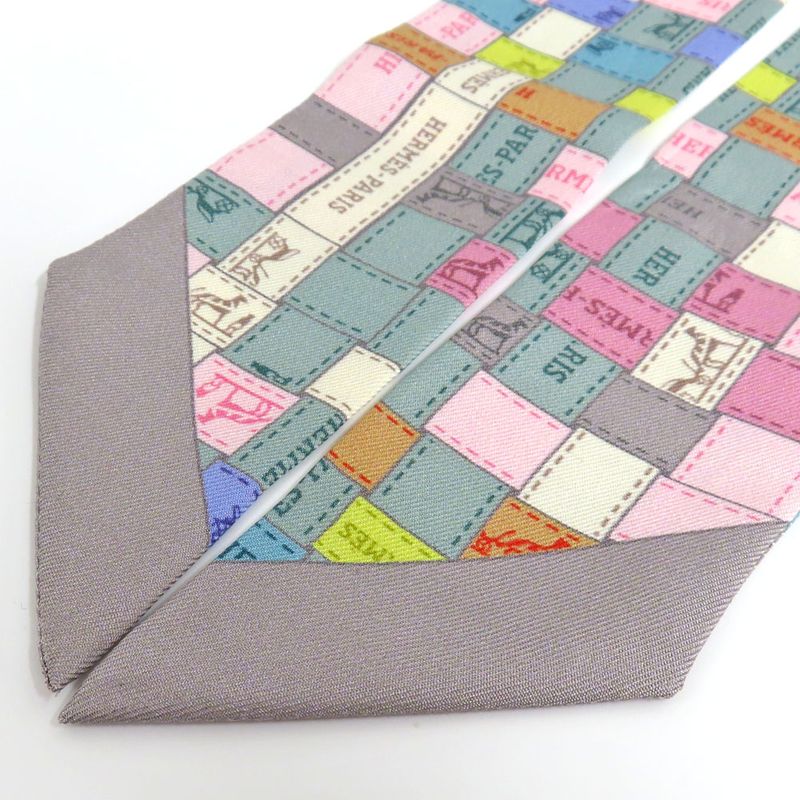 Hermes Twilly Bolduc Check Silk Gray Multicolor Pastel