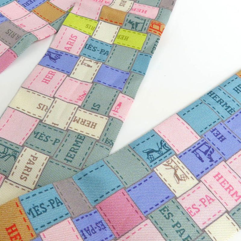 Hermes Twilly Bolduc Check Silk Gray Multicolor Pastel