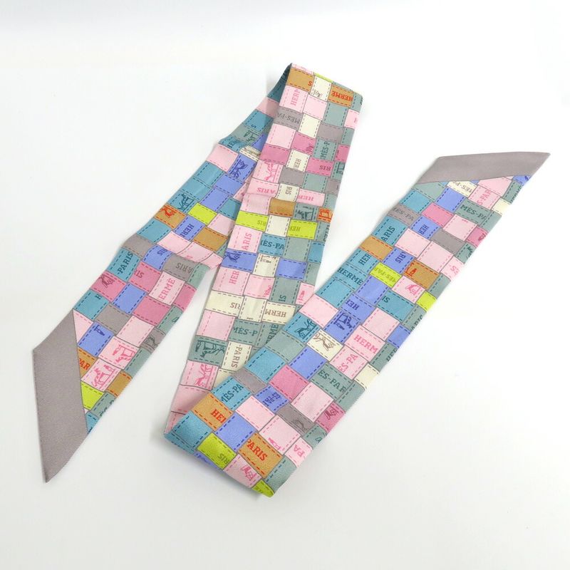 Hermes Twilly Bolduc Check Silk Gray Multicolor Pastel