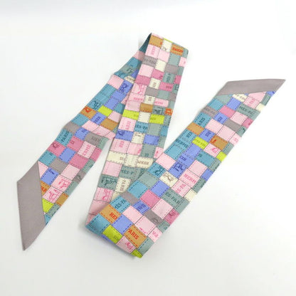 Hermes Twilly Bolduc Check Silk Gray Multicolor Pastel