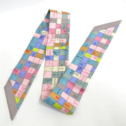 Hermes Twilly Bolduc Check Silk Gray Multicolor Pastel