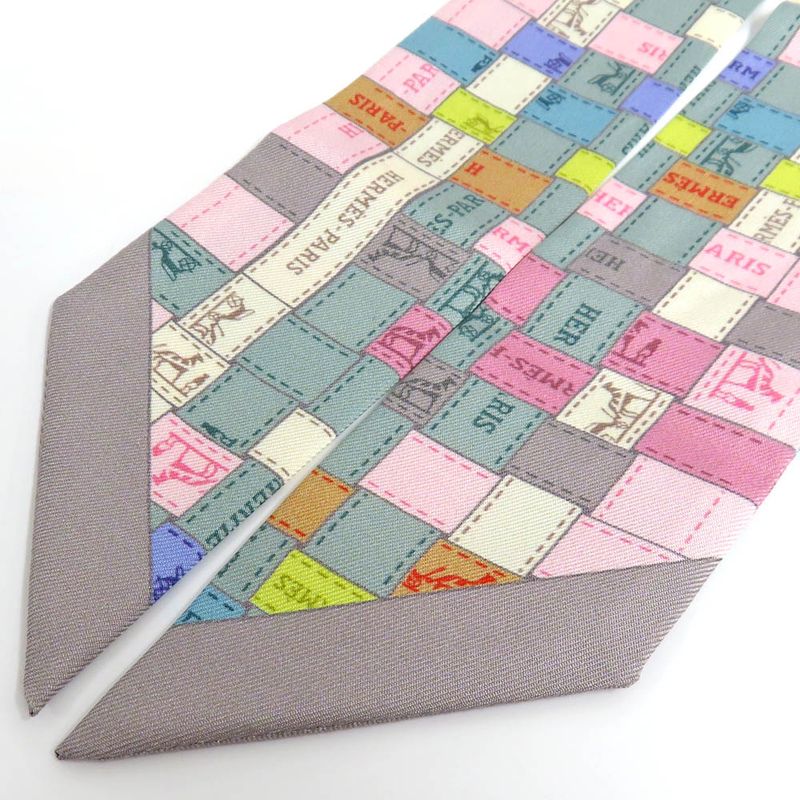 Hermes Twilly Bolduc Check Silk Gray Multicolor Pastel
