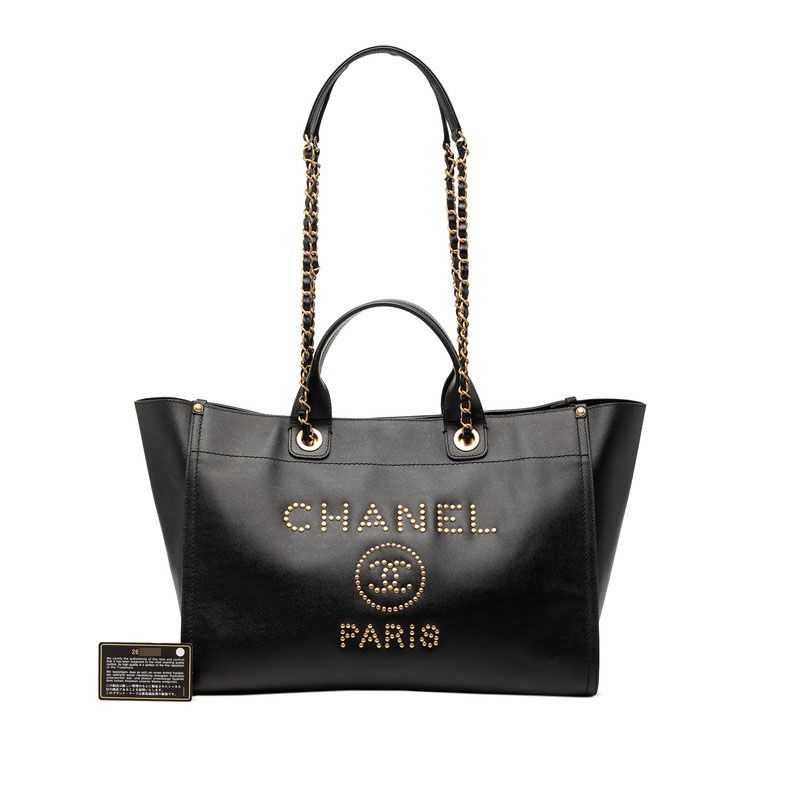 Chanel Deauville Logo Stud Tote Shoulder Bag 2-Way Black Caviar Leather