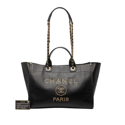 Chanel Deauville Logo Stud Tote Shoulder Bag 2-Way Black Caviar Leather