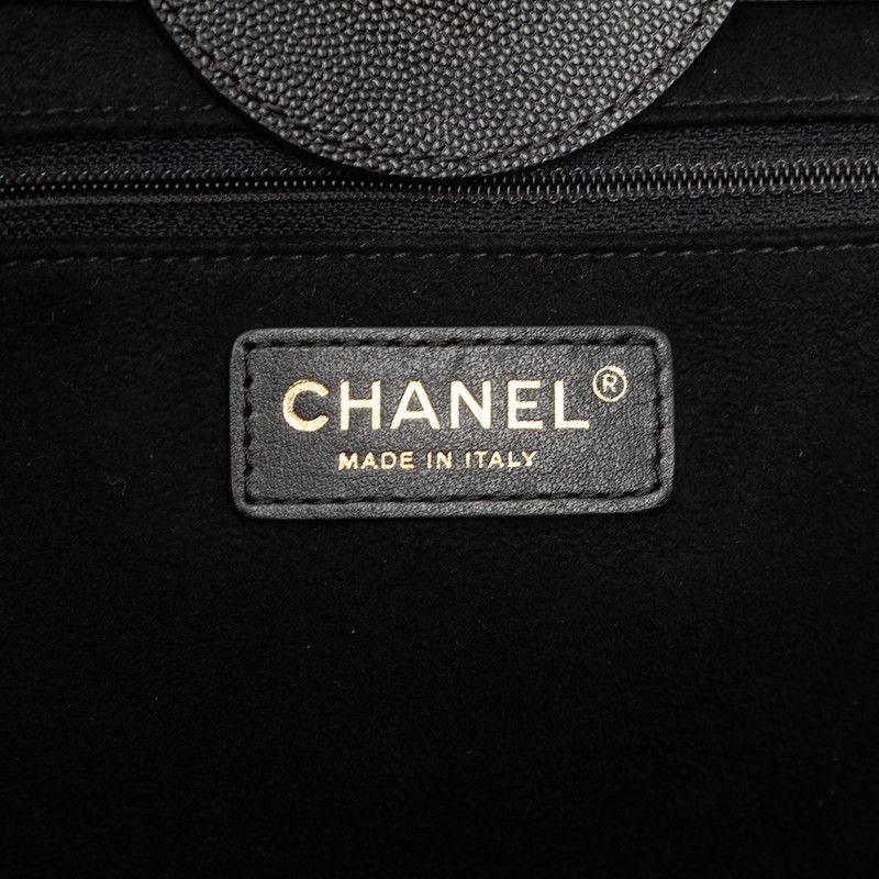 Chanel Deauville Logo Stud Tote Shoulder Bag 2-Way Black Caviar Leather