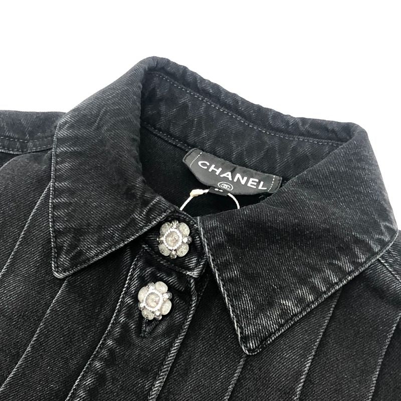 Chanel Jacket Bijuu Gripoix Button Washed Denim Ruffle Black