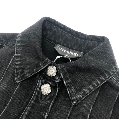 Chanel Jacket Bijuu Gripoix Button Washed Denim Ruffle Black