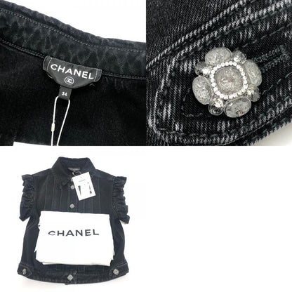 Chanel Jacket Bijuu Gripoix Button Washed Denim Ruffle Black
