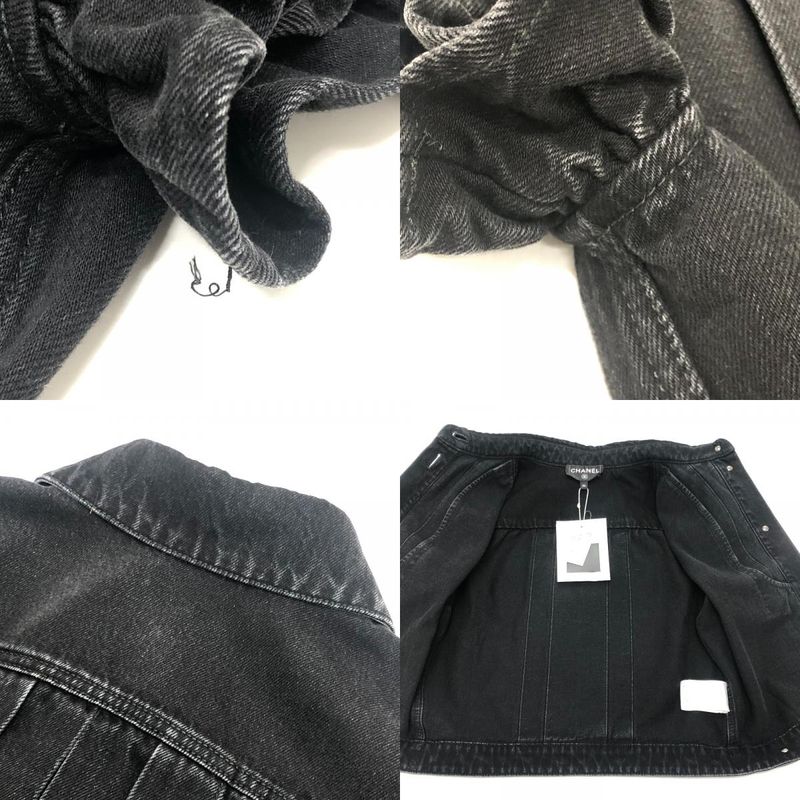Chanel Jacket Bijuu Gripoix Button Washed Denim Ruffle Black