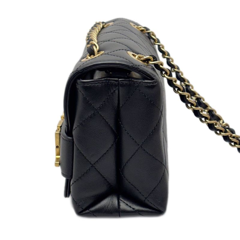 Chanel Shoulder Bag Quilted Logo Chain Black Gold Lambskin