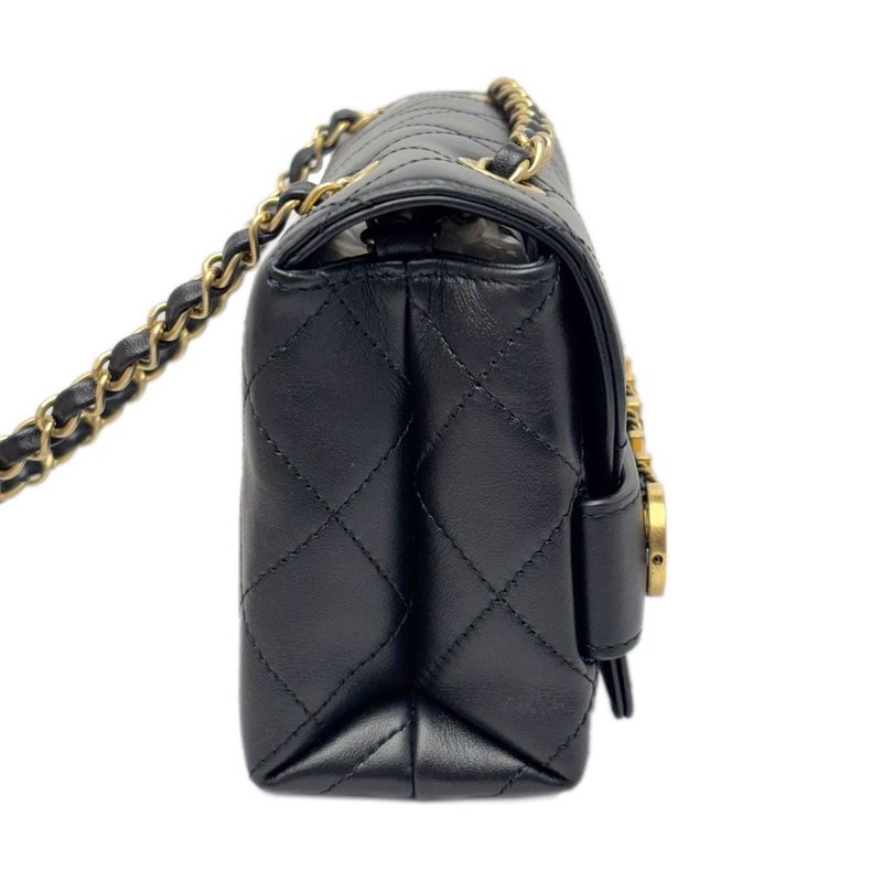 Chanel Shoulder Bag Quilted Logo Chain Black Gold Lambskin