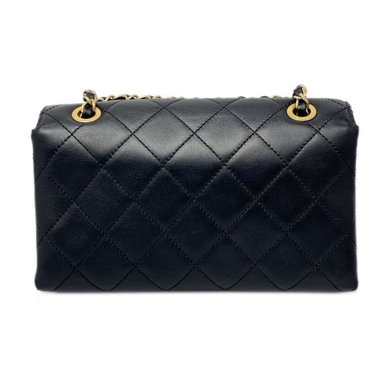 Chanel Shoulder Bag Quilted Logo Chain Black Gold Lambskin