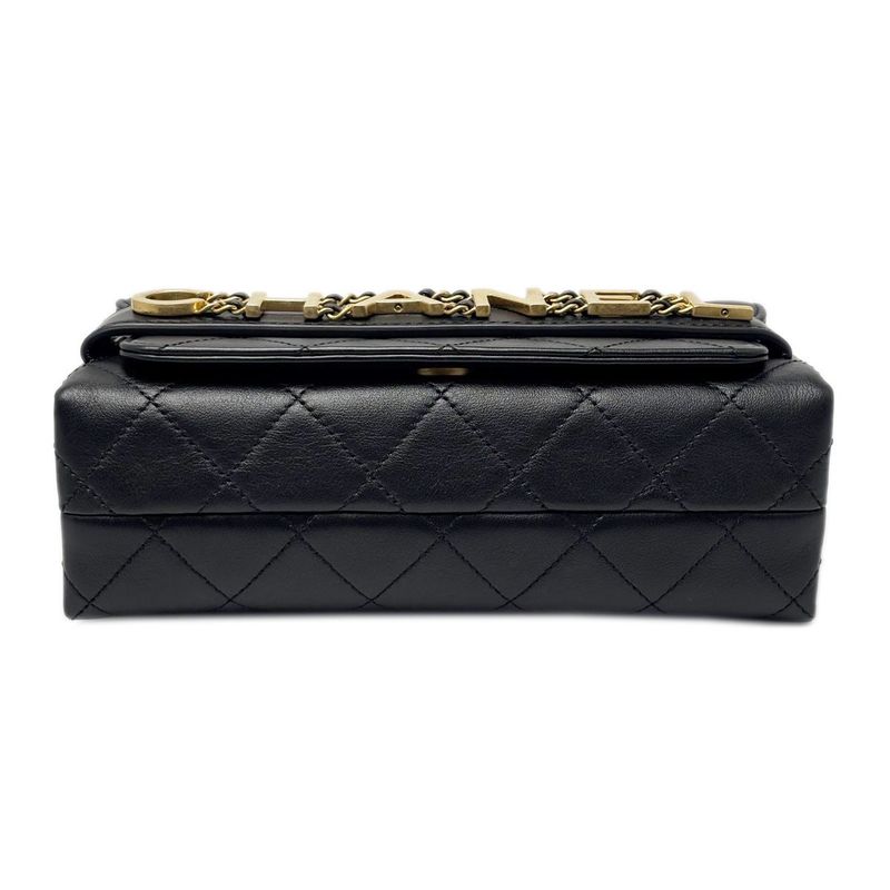 Chanel Shoulder Bag Quilted Logo Chain Black Gold Lambskin