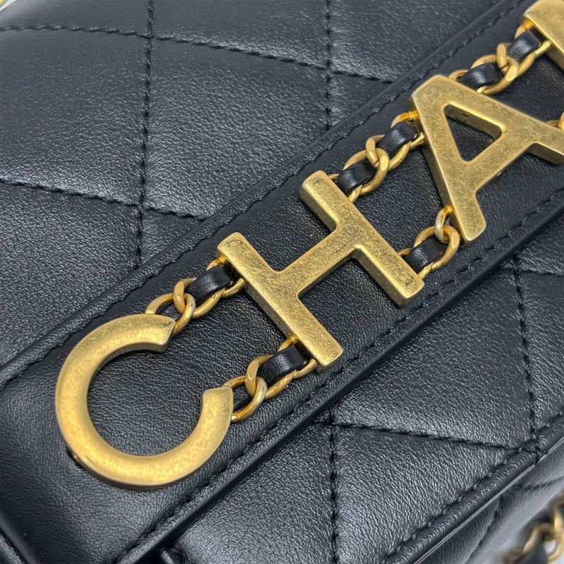 Chanel Shoulder Bag Quilted Logo Chain Black Gold Lambskin