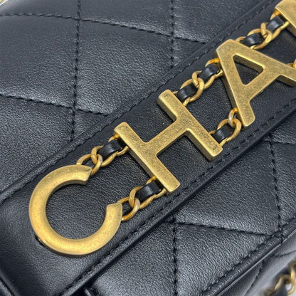 Chanel Shoulder Bag Quilted Logo Chain Black Gold Lambskin