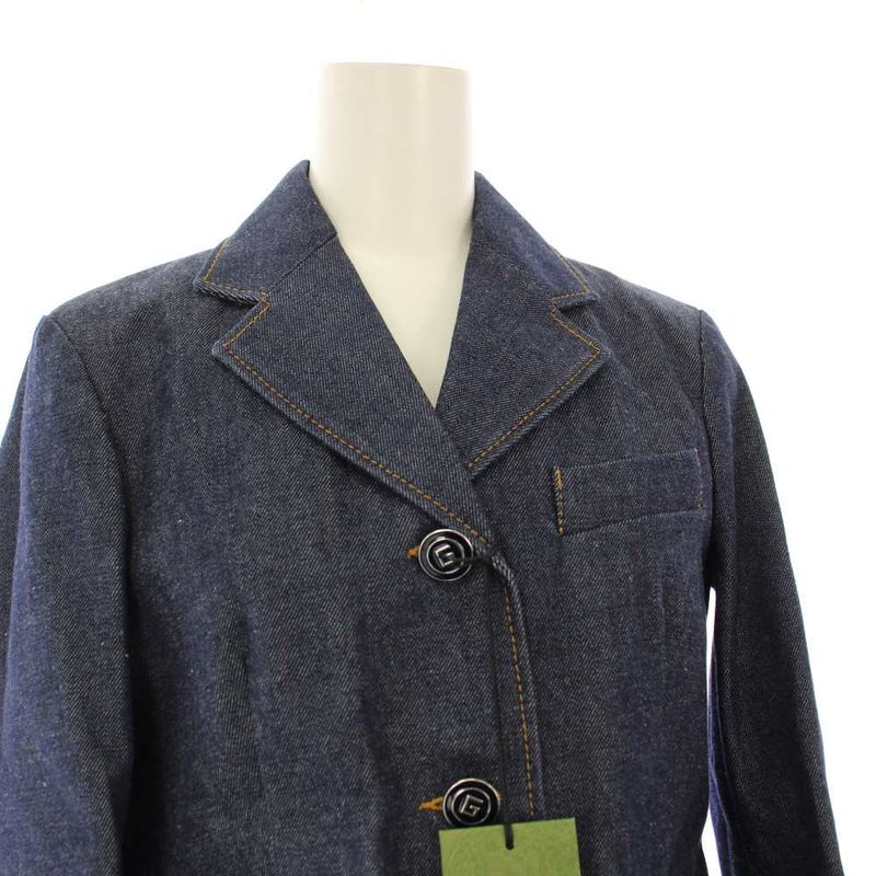 Gucci Denim Leather Tailored Jacket Button 36 Navy