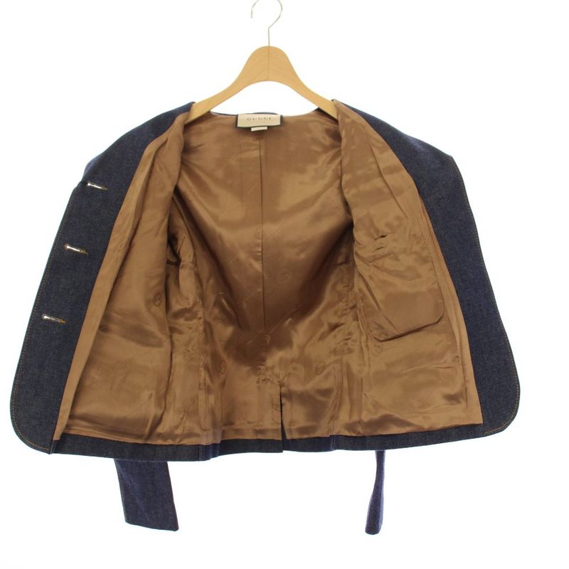 Gucci Denim Leather Tailored Jacket Button 36 Navy