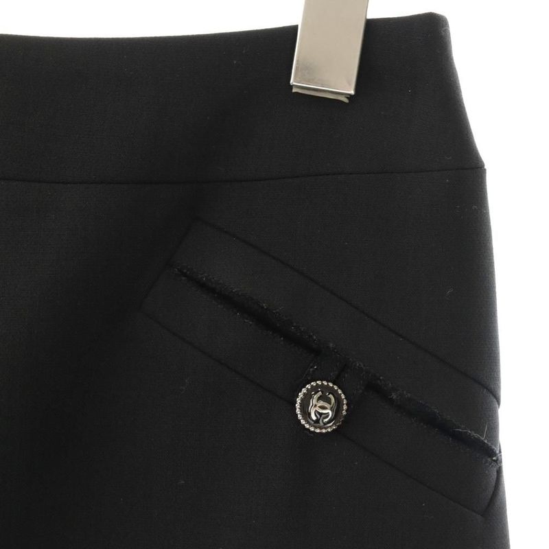Chanel Logo Button Skirt Knee Length Trapezoid Wool 34 Black