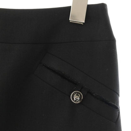 Chanel Logo Button Skirt Knee Length Trapezoid Wool 34 Black