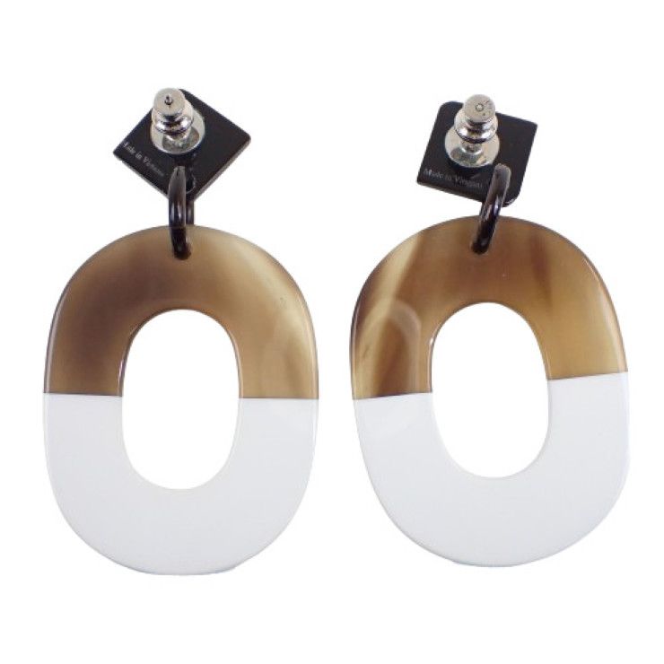 Hermes Earrings Ismu Brown White Buffalo Horn Lacquer Wood Metal
