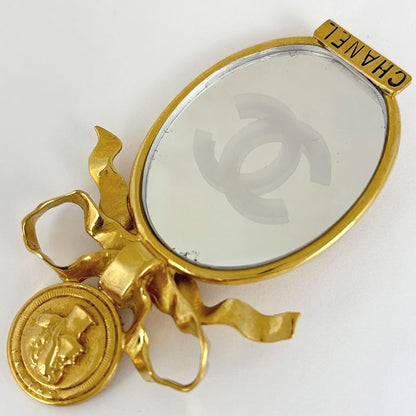 Chanel CC Logo Mirror Brooch Logo Ribbon Gold Plated