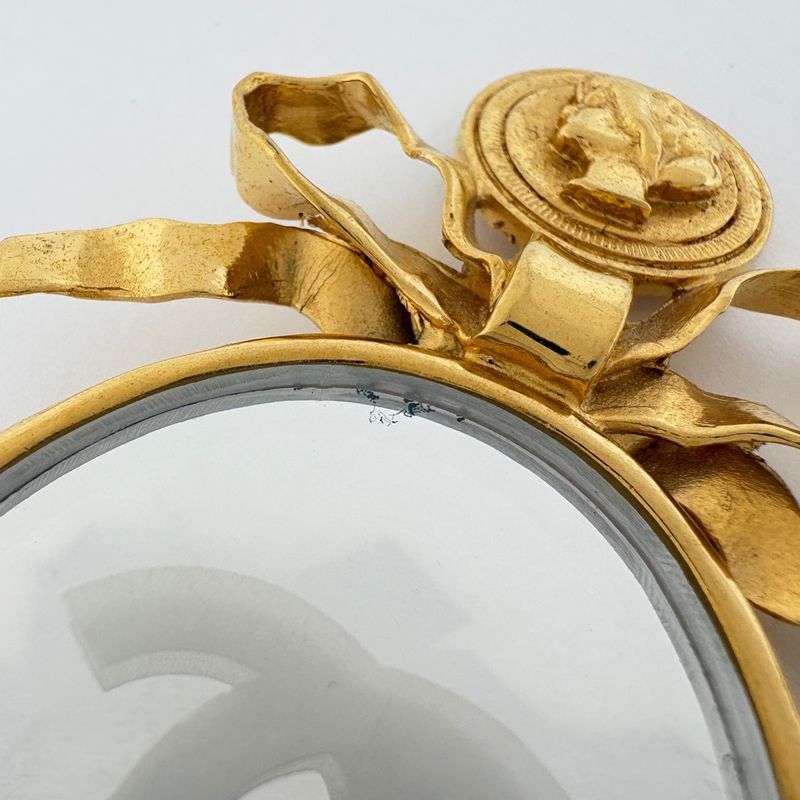 Chanel CC Logo Mirror Brooch Logo Ribbon Gold Plated