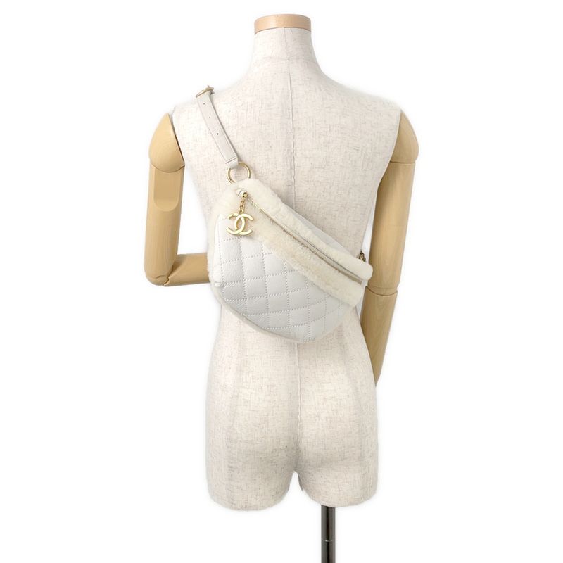Chanel Belt Bag Quilted Chain Shoulder CC Logo Leather Mouton White White Ivory