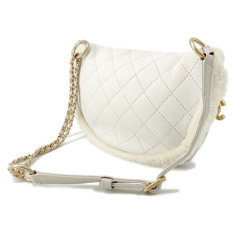 Chanel Belt Bag Quilted Chain Shoulder CC Logo Leather Mouton White White Ivory