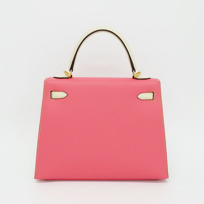 Hermes Kelly 25 Sellier Handbag Rose Azalea Cles Gold