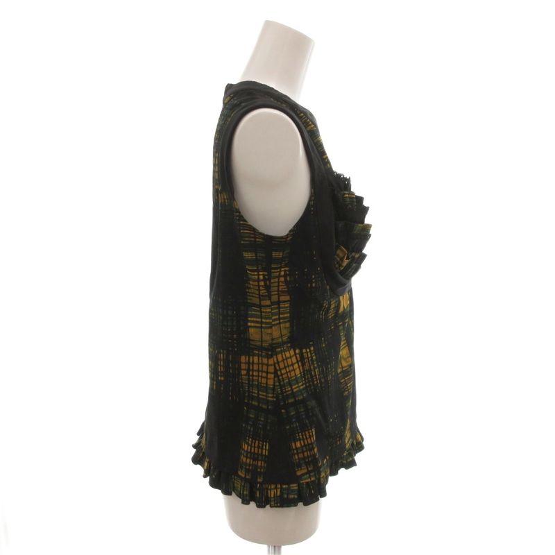 Prada Top Blouse Sleeveless Check Frill Lace 38 Navy Yellow