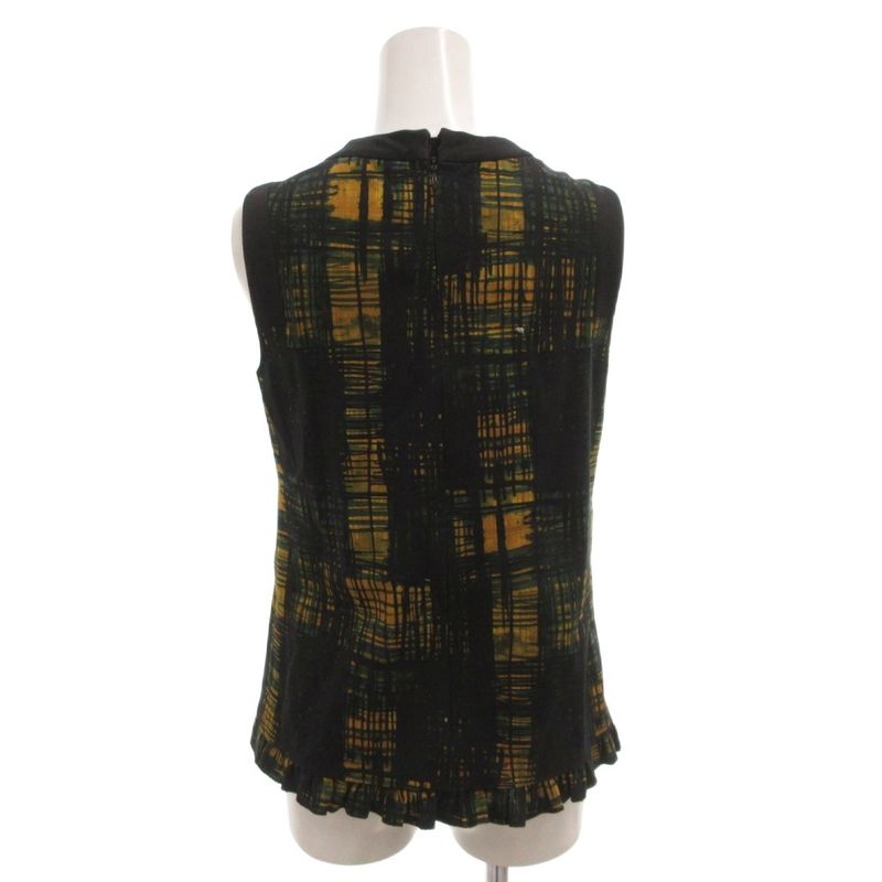 Prada Top Blouse Sleeveless Check Frill Lace 38 Navy Yellow
