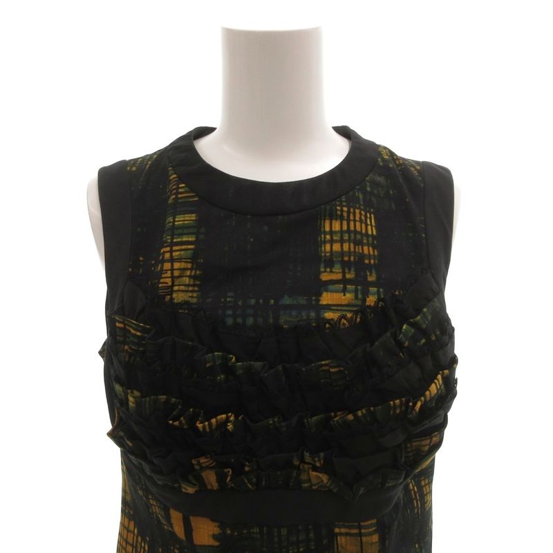 Prada Top Blouse Sleeveless Check Frill Lace 38 Navy Yellow