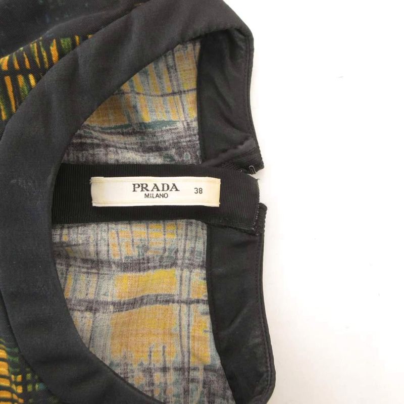Prada Top Blouse Sleeveless Check Frill Lace 38 Navy Yellow