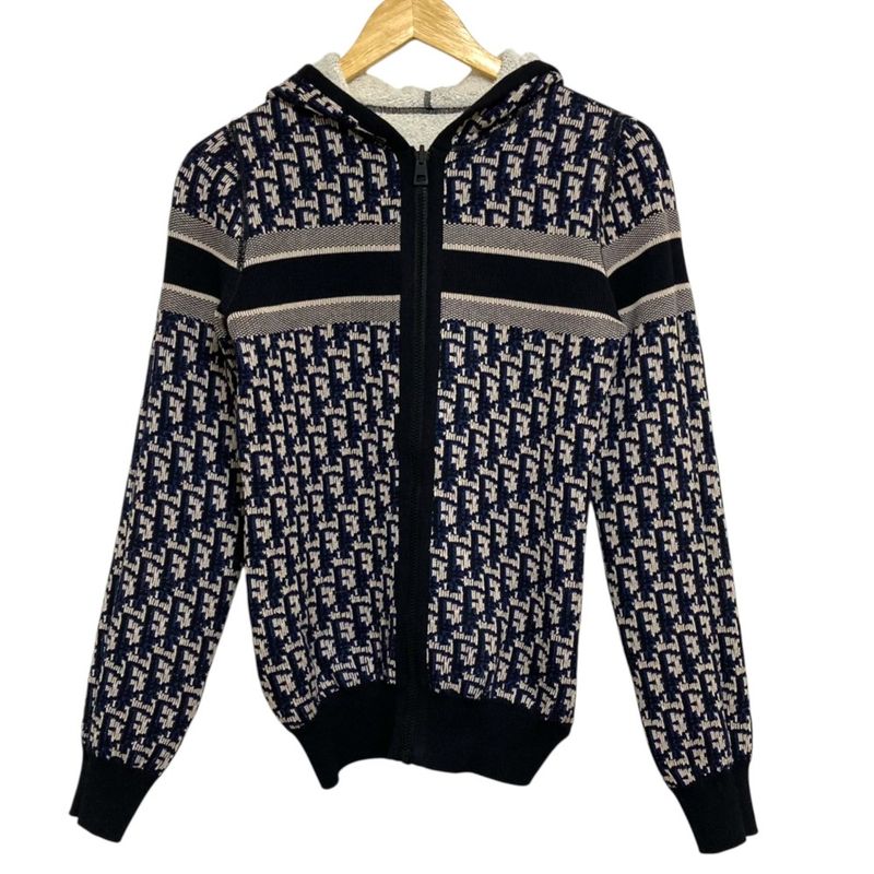 Dior Reversible Oblique Knit Zip Hoodie White Navy