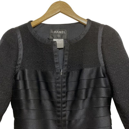 Chanel Tweed Tiered Combination Ribbon Zip Jacket 38 Black
